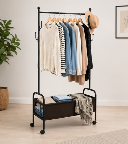 KRISHYAM® Heavy-Duty Metal Cloth Stand (Double Rod & Storage with 4Wheels - Black)
