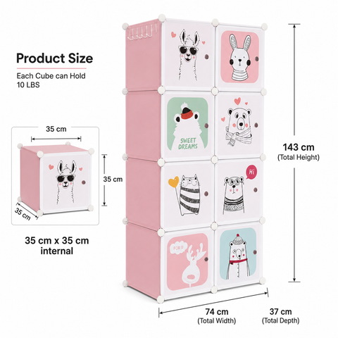 KRISHYAM® Kids Modular Wardrobe with Cartoon Animal Prints – 8/12 Cube Storage Organizer Cabinet with Doors | DIY Portable Space Saving Cupboard for Bedroom & Nursery (8/12 Box Bear Print)