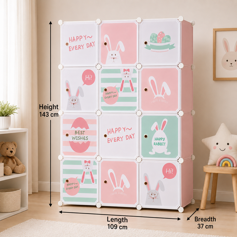 KRISHYAM® Kids Cartoon Collapsible Wardrobe with 2 Hanging Rod & 1 External Hanger Hook | 8/12-Cube Modular Storage Cabinet | Foldable Plastic Cupboard for Clothes, Toys & Books (8/12 Box Rabbit Print)