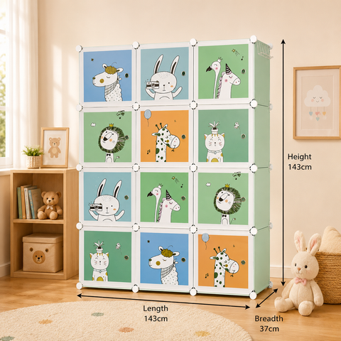 KRISHYAM® Kids Animal Print Collapsible Wardrobe |8/12-Cube Modular Storage Cabinet with 2 Hanging Rod & 1 External Hanger Hook | DIY Cupboard for Kids (8/12 Box Giraffe Print)