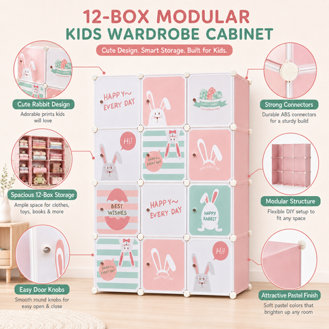KRISHYAM® Kids Cartoon Collapsible Wardrobe with 2 Hanging Rod & 1 External Hanger Hook | 8/12-Cube Modular Storage Cabinet | Foldable Plastic Cupboard for Clothes, Toys & Books (8/12 Box Rabbit Print)