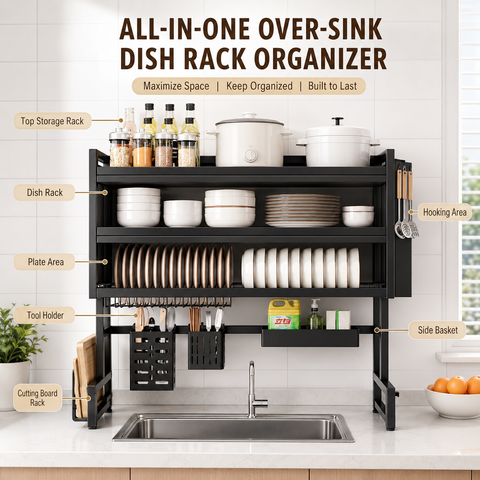 KRISHYAM® 2-Tier Over-the-Sink Dish Drying Rack with Dustproof Flip-Up Covers, Black Metal Kitchen Organizer with Plate & Bowl Storage, Cutlery Holder & Knife Holder | 66 cm & 86 cm Options