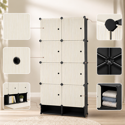 KRISHYAM® Modular 8-Cube Wardrobe Storage Cabinet with Doors, 1 Hanging Rod & 1 External Hanger Hook | DIY Plastic Closet Organizer with Metal Frame (8 Box Wardrobe + 2 Shoe Box (White))