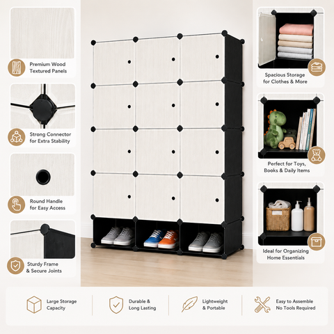 KRISHYAM® Modular 12-Cube Wardrobe Storage Cabinet with Doors, 1 Hanging Rod & 1 External Hanger Hook | DIY Plastic Closet Organizer with Metal Frame (12 Box Wardrobe + 3 Shoe Box (White))
