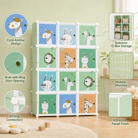 KRISHYAM® Kids Animal Print Collapsible Wardrobe |8/12-Cube Modular Storage Cabinet with 2 Hanging Rod & 1 External Hanger Hook | DIY Cupboard for Kids (8/12 Box Giraffe Print)