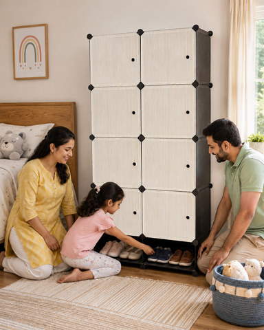KRISHYAM® Modular 8-Cube Wardrobe Storage Cabinet with Doors, 1 Hanging Rod & 1 External Hanger Hook | DIY Plastic Closet Organizer with Metal Frame (8 Box Wardrobe + 2 Shoe Box (White))