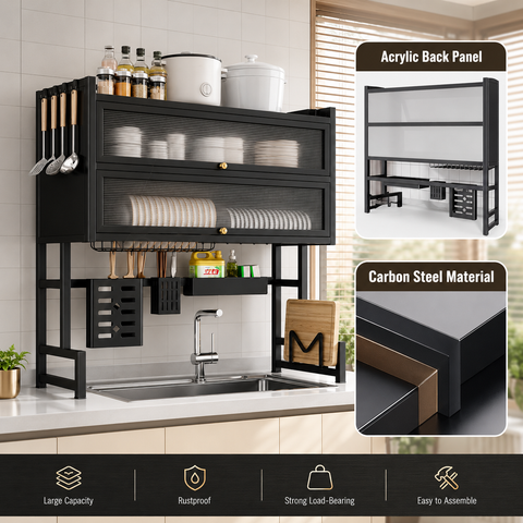 KRISHYAM® 2-Tier Over-the-Sink Dish Drying Rack with Dustproof Flip-Up Covers, Black Metal Kitchen Organizer with Plate & Bowl Storage, Cutlery Holder & Knife Holder | 66 cm & 86 cm Options