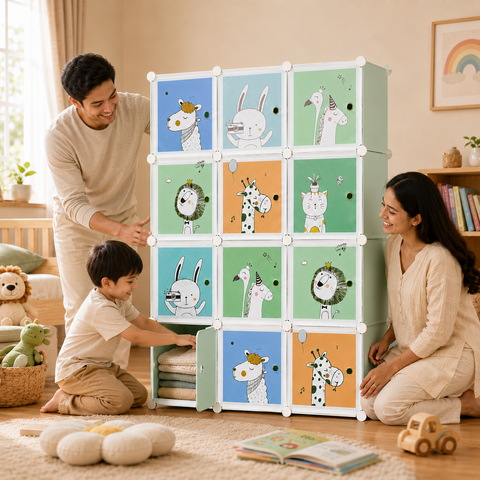KRISHYAM® Kids Animal Print Collapsible Wardrobe |8/12-Cube Modular Storage Cabinet with 2 Hanging Rod & 1 External Hanger Hook | DIY Cupboard for Kids (8/12 Box Giraffe Print)