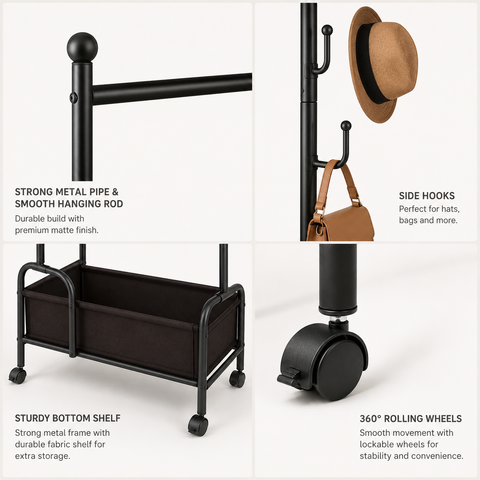 KRISHYAM® Heavy-Duty Metal Cloth Stand (Double Rod & Storage with 4Wheels - Black)