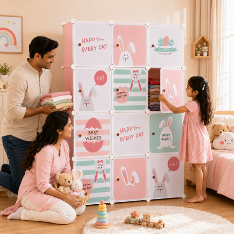 KRISHYAM® Kids Cartoon Collapsible Wardrobe with 2 Hanging Rod & 1 External Hanger Hook | 8/12-Cube Modular Storage Cabinet | Foldable Plastic Cupboard for Clothes, Toys & Books (8/12 Box Rabbit Print)