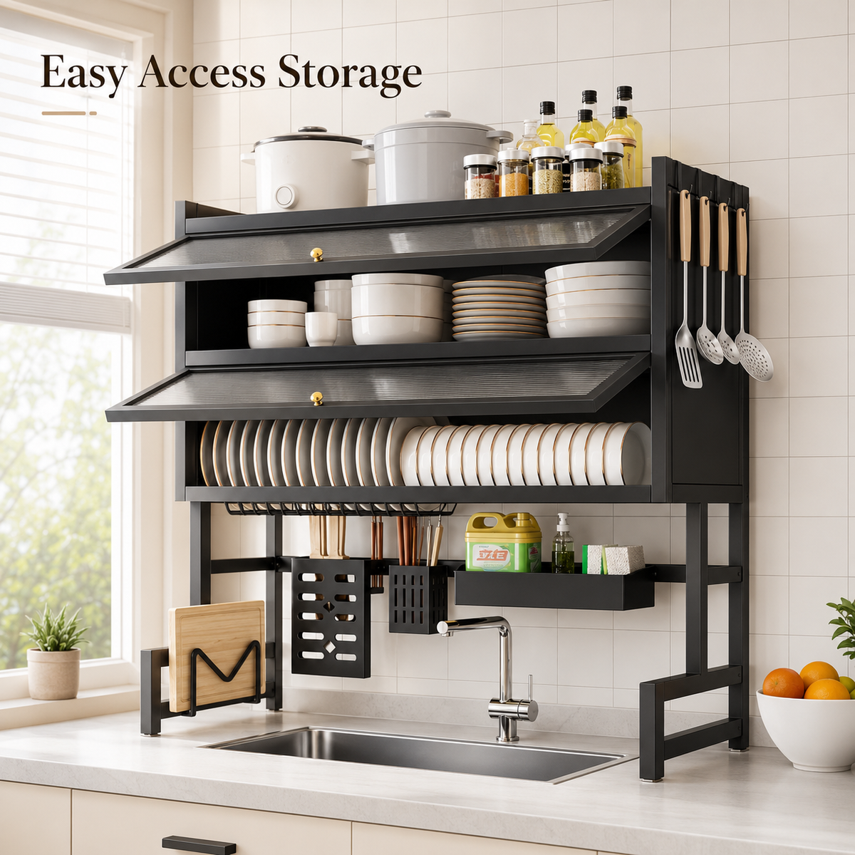 KRISHYAM® 2-Tier Over-the-Sink Dish Drying Rack with Dustproof Flip-Up Covers, Black Metal Kitchen Organizer with Plate & Bowl Storage, Cutlery Holder & Knife Holder | 66 cm & 86 cm Options
