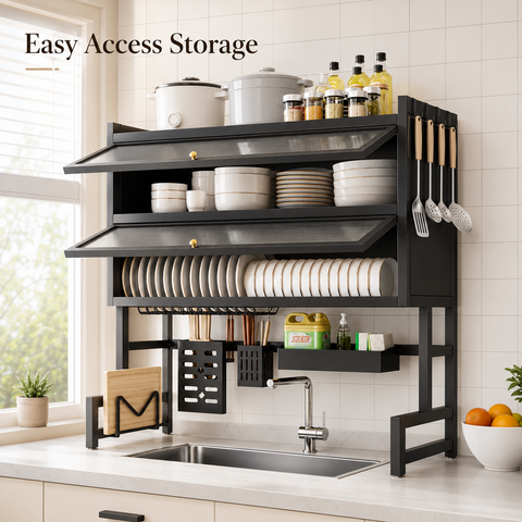 KRISHYAM® 2-Tier Over-the-Sink Dish Drying Rack with Dustproof Flip-Up Covers, Black Metal Kitchen Organizer with Plate & Bowl Storage, Cutlery Holder & Knife Holder | 66 cm & 86 cm Options