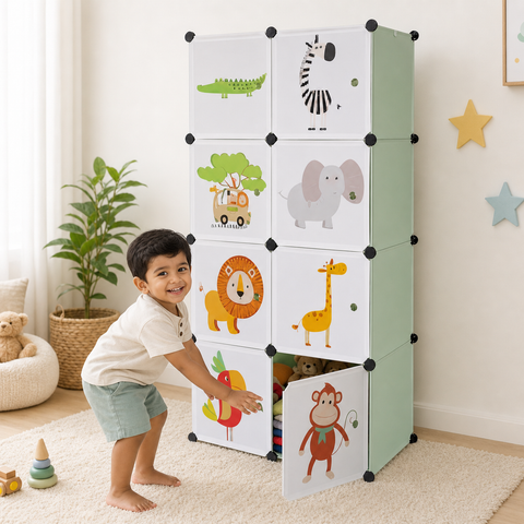 KRISHYAM® Kids Jungle Animal Print Collapsible Wardrobe with 2 Hanging Rod &1 External Hanger Hook | 8/12-Cube Modular Plastic Storage Cabinet | DIY Foldable Clothes Organizer (8/12 Box Lion Print)