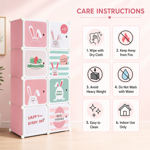 KRISHYAM® Kids Cartoon Collapsible Wardrobe with 2 Hanging Rod & 1 External Hanger Hook | 8/12-Cube Modular Storage Cabinet | Foldable Plastic Cupboard for Clothes, Toys & Books (8/12 Box Rabbit Print)
