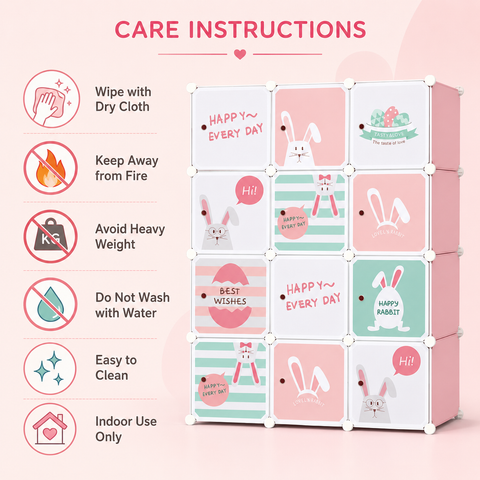 KRISHYAM® Kids Cartoon Collapsible Wardrobe with 2 Hanging Rod & 1 External Hanger Hook | 8/12-Cube Modular Storage Cabinet | Foldable Plastic Cupboard for Clothes, Toys & Books (8/12 Box Rabbit Print)