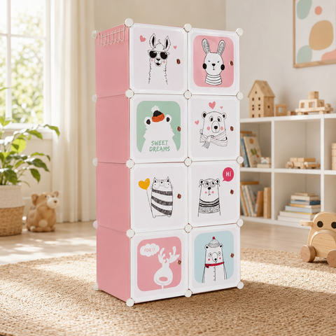 KRISHYAM® Kids Modular Wardrobe with Cartoon Animal Prints – 8/12 Cube Storage Organizer Cabinet with Doors | DIY Portable Space Saving Cupboard for Bedroom & Nursery (8/12 Box Bear Print)
