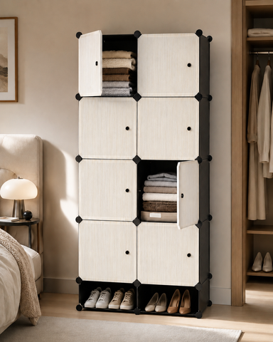 KRISHYAM® Modular 8-Cube Wardrobe Storage Cabinet with Doors, 1 Hanging Rod & 1 External Hanger Hook | DIY Plastic Closet Organizer with Metal Frame (8 Box Wardrobe + 2 Shoe Box (White))