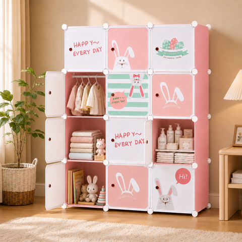 KRISHYAM® Kids Cartoon Collapsible Wardrobe with 2 Hanging Rod & 1 External Hanger Hook | 8/12-Cube Modular Storage Cabinet | Foldable Plastic Cupboard for Clothes, Toys & Books (8/12 Box Rabbit Print)