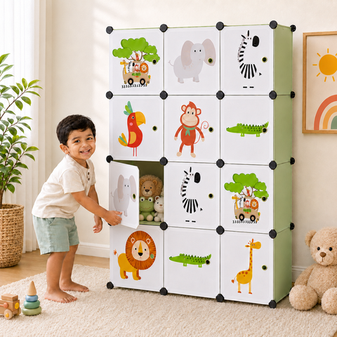 KRISHYAM® Kids Jungle Animal Print Collapsible Wardrobe with 2 Hanging Rod &1 External Hanger Hook | 8/12-Cube Modular Plastic Storage Cabinet | DIY Foldable Clothes Organizer (8/12 Box Lion Print)