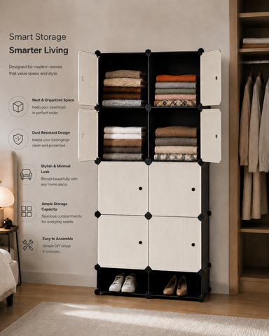 KRISHYAM® Modular 8-Cube Wardrobe Storage Cabinet with Doors, 1 Hanging Rod & 1 External Hanger Hook | DIY Plastic Closet Organizer with Metal Frame (8 Box Wardrobe + 2 Shoe Box (White))