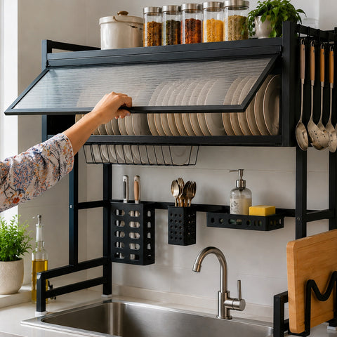 KRISHYAM® Over-the-Sink Dish Drying Rack with Dustproof Lift-Up Door, Black Metal Kitchen Organizer with Plate & Bowl Holders, Knife and Spoon Holders, Soap Tray & Chopping Board Stand