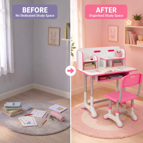 KRISHYAM® Kids Adjustable Study Table & Chair Set with Storage Drawer & Bookshelf | Height Adjustable Student Study Desk for Boys & Girls | Ergonomic Design (Pink & White (C23))