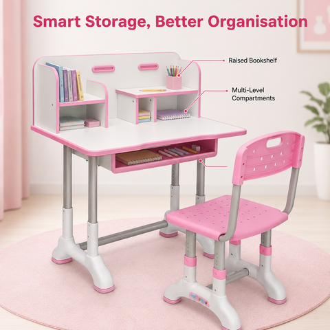 KRISHYAM® Kids Adjustable Study Table & Chair Set with Storage Drawer & Bookshelf | Height Adjustable Student Study Desk for Boys & Girls | Ergonomic Design (Pink & White (C23))