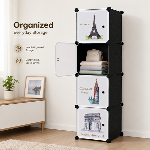 KriShyam® Portable Closet Wardrobe Cube Wardrobe for Hanging Clothes, Modular Cabinet for Space Saving, Ideal Storage Organizer Cube for Books, Toys, Towels (4 Box Pink, Green, Blue, Tower)