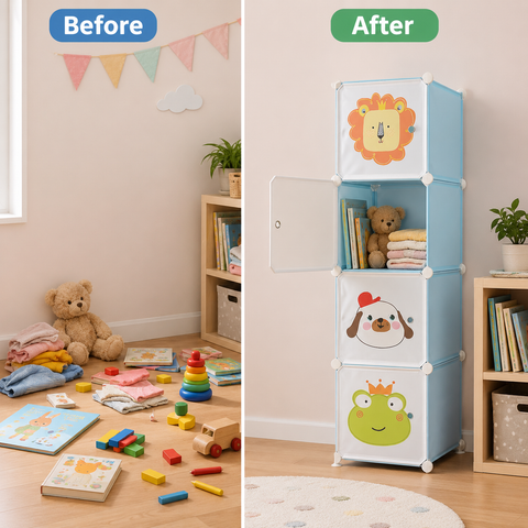 KriShyam® Portable Closet Wardrobe Cube Wardrobe for Hanging Clothes, Modular Cabinet for Space Saving, Ideal Storage Organizer Cube for Books, Toys, Towels (4 Box Pink, Green, Blue, Tower)