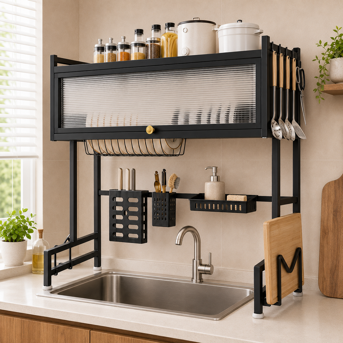 KRISHYAM® Over-the-Sink Dish Drying Rack with Dustproof Lift-Up Door, Black Metal Kitchen Organizer with Plate & Bowl Holders, Knife and Spoon Holders, Soap Tray & Chopping Board Stand