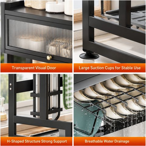 KRISHYAM® Over-the-Sink Dish Drying Rack with Dustproof Lift-Up Door, Black Metal Kitchen Organizer with Plate & Bowl Holders, Knife and Spoon Holders, Soap Tray & Chopping Board Stand