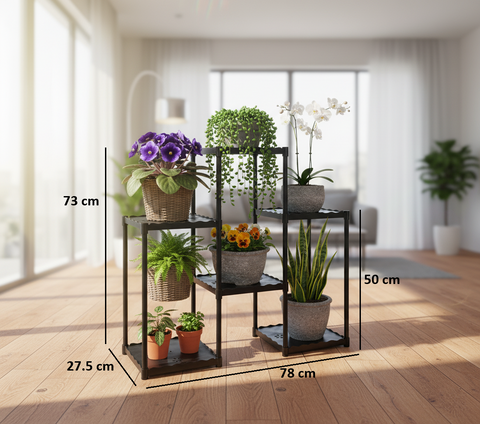 KRISHYAM® 6-Tier Plastic Flower Stand for Indoor & Outdoor | Multi-Layer Plant Display Rack for Pots | Rust-Free, Heavy-Duty Garden Organizer Shelf (BLACK & WHITE, 6 TIER)