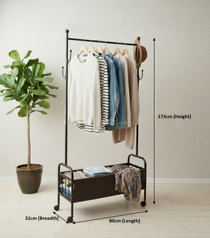 KRISHYAM® Heavy-Duty Metal Cloth Stand (Double Rod & Storage with 4Wheels - Black)
