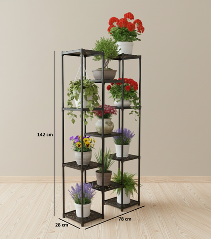 KRISHYAM® 11-Tier Plastic Flower Stand for Indoor & Outdoor | Multi-Layer Plant Display Rack for Pots | Rust-Free, Heavy-Duty Garden Organizer Shelf (BLACK, 11 TIER)