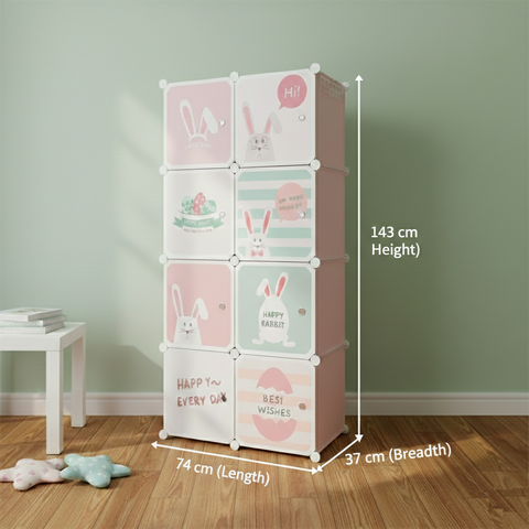 KRISHYAM® Kids Cartoon Collapsible Wardrobe with 2 Hanging Rod & 1 External Hanger Hook | 8/12-Cube Modular Storage Cabinet | Foldable Plastic Cupboard for Clothes, Toys & Books (8/12 Box Rabbit Print)