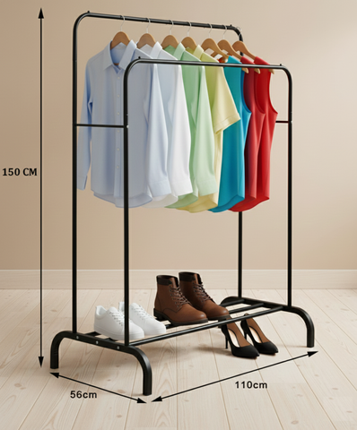 KriShyam®  Double Pole Hanger Garment Rack Freestanding Hanger Double Rods Multi-Functional Bedroom Clothing Rack (Hanger) Black