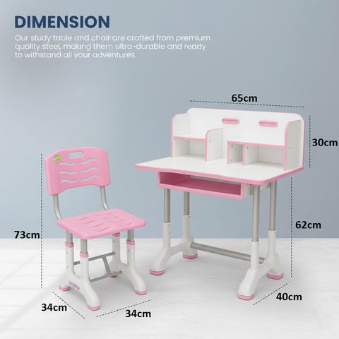 KRISHYAM® Kids Adjustable Study Table & Chair Set with Storage Drawer & Bookshelf | Height Adjustable Student Study Desk for Boys & Girls | Ergonomic Design (Pink & White (C23))