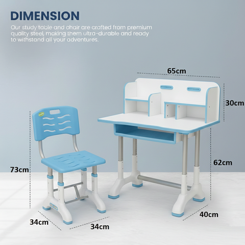 KRISHYAM® Kids Adjustable Study Table & Chair Set with Storage Drawer & Bookshelf | Height Adjustable Student Study Desk for Boys & Girls | Ergonomic Design (Blue & White (C23))