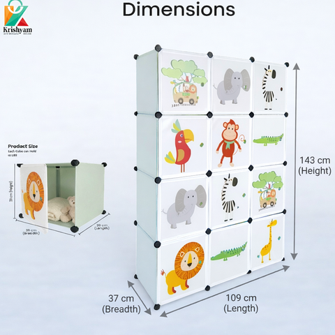 KRISHYAM® Kids Jungle Animal Print Collapsible Wardrobe with 2 Hanging Rod &1 External Hanger Hook | 8/12-Cube Modular Plastic Storage Cabinet | DIY Foldable Clothes Organizer (8/12 Box Lion Print)