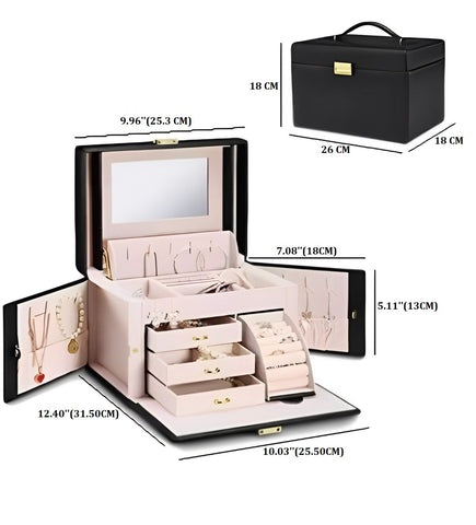 KRISHYAM® Jewelry Box, 4 Layer Leather Jewelry Boxes, Jewelry Organizer with Mirror and Lock for Girls Women Bracelets Rings Necklaces Earrings (Black, Green, Pink, White)