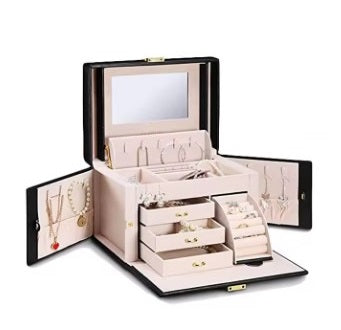 KRISHYAM® Jewelry Box, 4 Layer Leather Jewelry Boxes, Jewelry Organizer with Mirror and Lock for Girls Women Bracelets Rings Necklaces Earrings (Black, Green, Pink, White)