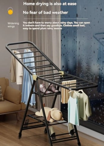KriShyam® Clothes Drying Rack,Foldable 3-Level Laundry Drying Rack,Free-Standing Rack with Height-Adjustable Wings 22 Drying Rails,with Shoe Holder with 4 Wheels,Grey