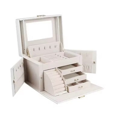 KRISHYAM® Jewelry Box, 4 Layer Leather Jewelry Boxes, Jewelry Organizer with Mirror and Lock for Girls Women Bracelets Rings Necklaces Earrings (Black, Green, Pink, White)