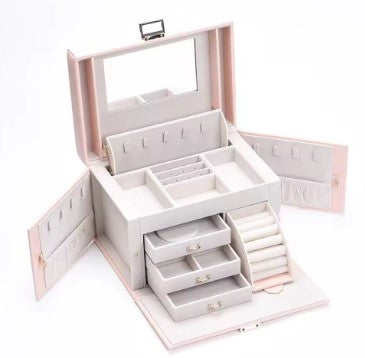 KRISHYAM® Jewelry Box, 4 Layer Leather Jewelry Boxes, Jewelry Organizer with Mirror and Lock for Girls Women Bracelets Rings Necklaces Earrings (Black, Green, Pink, White)