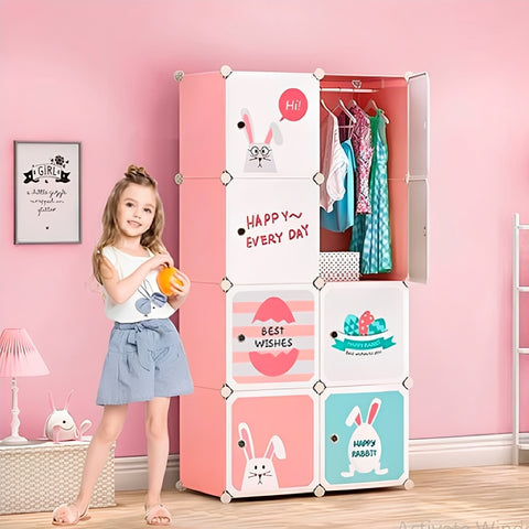 KRISHYAM® Kids Cartoon Collapsible Wardrobe with 2 Hanging Rod & 1 External Hanger Hook | 8/12-Cube Modular Storage Cabinet | Foldable Plastic Cupboard for Clothes, Toys & Books (8/12 Box Rabbit Print)