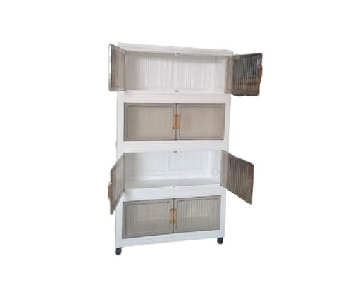 KRISHYAM® Modular Plastic Storage Cabinet with Translucent Doors & Wheels | Multi-Tier Clothes & Utility Organizer | Dustproof Freestanding Wardrobe (4 Layer - 4 Transparent Door (White)