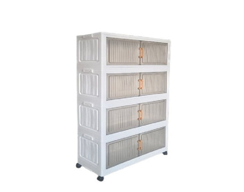 KRISHYAM® Modular Plastic Storage Cabinet with Translucent Doors & Wheels | Multi-Tier Clothes & Utility Organizer | Dustproof Freestanding Wardrobe (4 Layer - 4 Transparent Door (White)