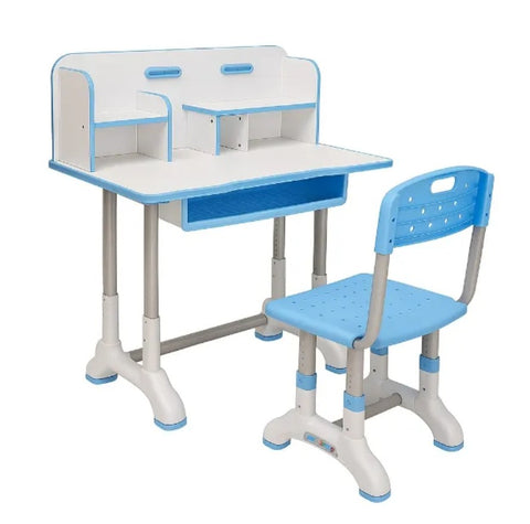 KRISHYAM® Kids Adjustable Study Table & Chair Set with Storage Drawer & Bookshelf | Height Adjustable Student Study Desk for Boys & Girls | Ergonomic Design (Blue & White (C23))