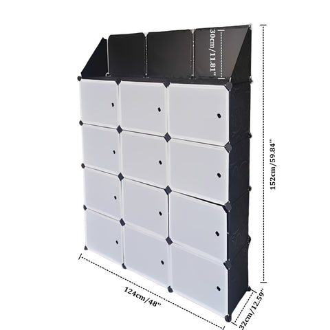 KRISHYAM® 12 Cube Modular Shoe Rack Cabinet with Doors & Side Hooks, Large Stackable Plastic Shoe Storage Organizer for Entryway, Bedroom & Closet, Space Saving (12 Door 24 Step (Black & White and simple White))