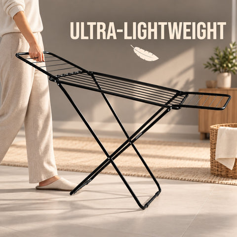 KRISHYAM® Foldable Clothes Drying Stand for Home, Metal Gullwing Laundry Drying Rack with Adjustable Wings, Multiple Drying Rods & Anti-Slip Feet for Balcony & Indoor Use, 185 x 51 x 95 cm, Black